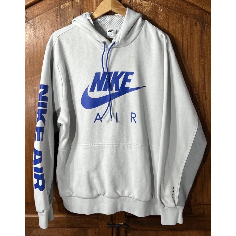 Nike Air Brush Fleece Hoodie Smoke Grey Royal Blue Mens Size Large DM5202-025
